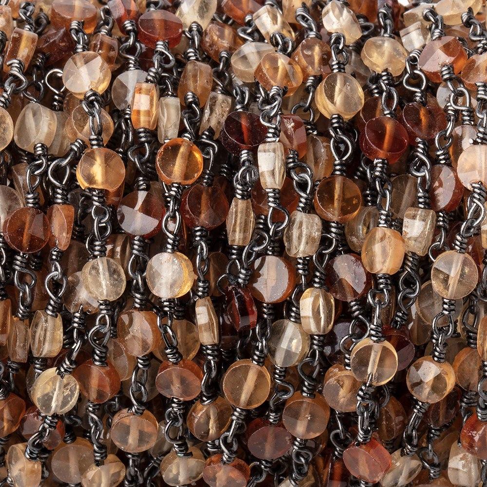 4mm Multi Color Hessonite Faceted Coins on Black Gold Plated Chain by the Foot 28 Beads