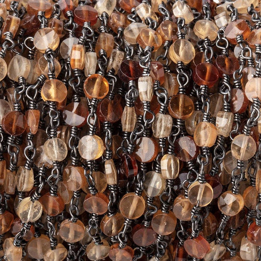 4mm Multi Color Hessonite Faceted Coins on Black Gold Plated Chain by the Foot 28 Beads