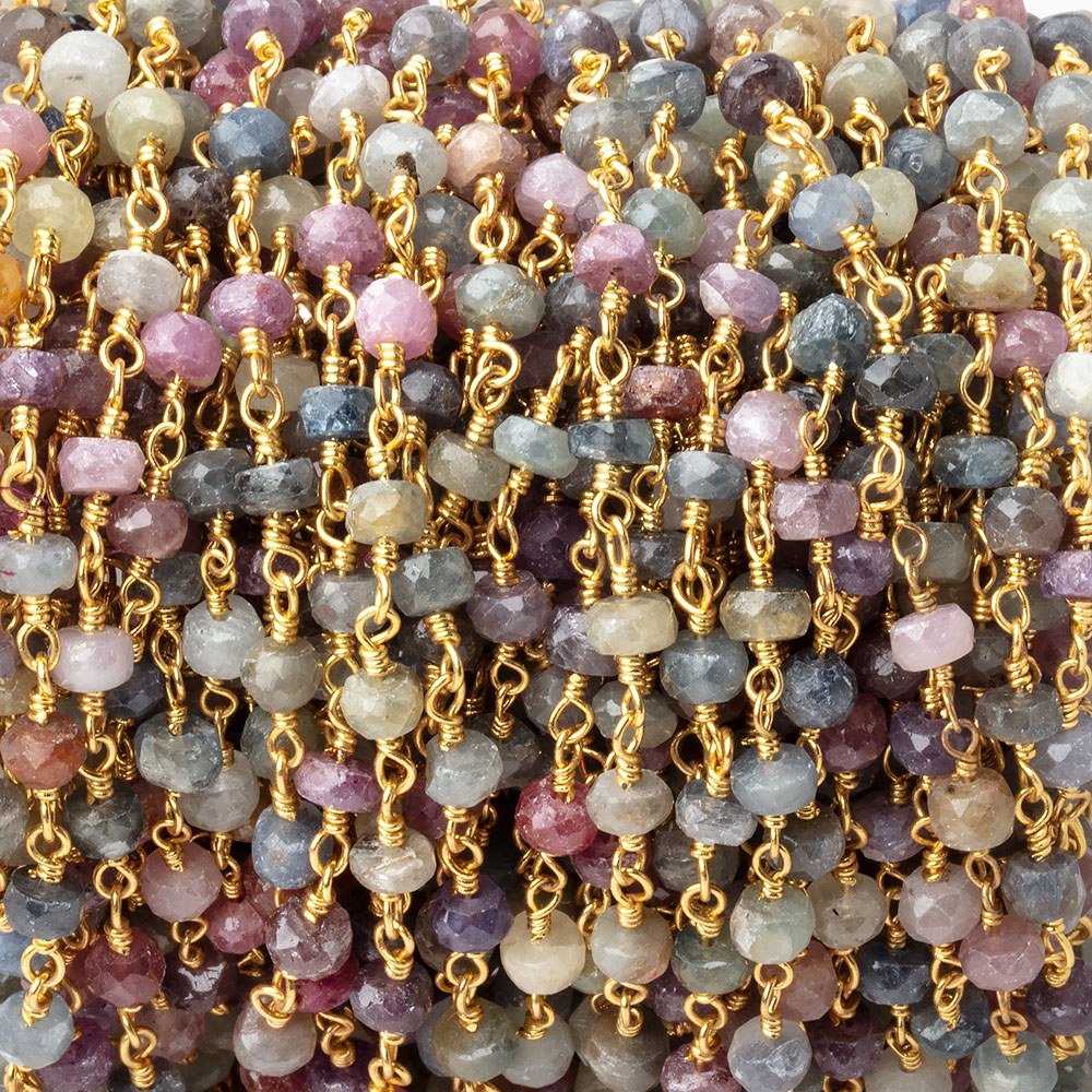 4mm Multi Color Sapphire Faceted Rondelles on Gold Plated Chain