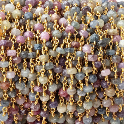 4mm Multi Color Sapphire Faceted Rondelles on Gold Plated Chain