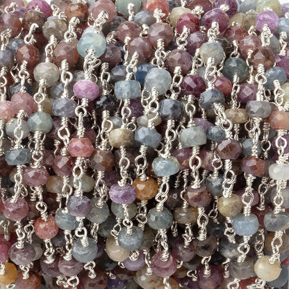 4mm Multi Color Sapphire Faceted Rondelles on Silver Plated Chain