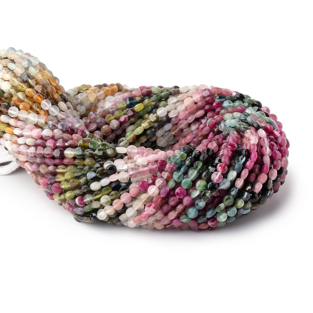 4mm Multi Color Tourmaline Checkerboard Faceted Calibrated Coins 12.25 inch 82 Beads