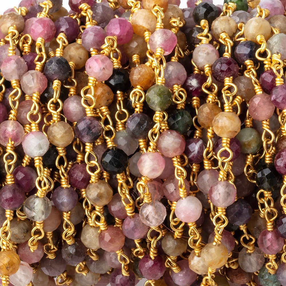 4mm Multi Color Tourmaline Micro Faceted Round on Gold Plated Chain