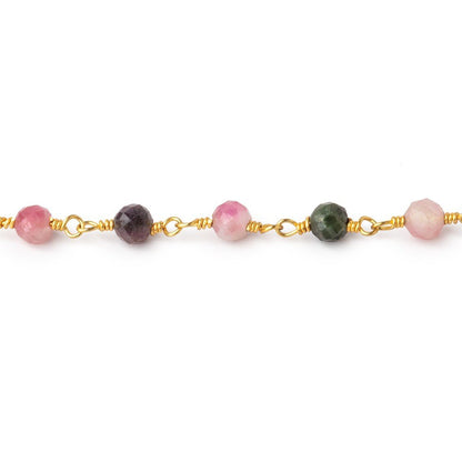 4mm Multi Color Tourmaline Micro Faceted Round on Gold Plated Chain