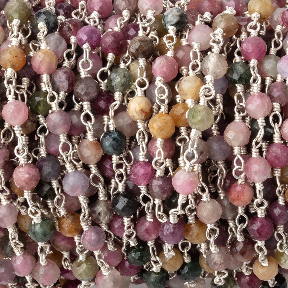 4mm Multi Color Tourmaline Micro Faceted Round on Silver Plated Chain