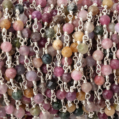 4mm Multi Color Tourmaline Micro Faceted Round on Silver Plated Chain
