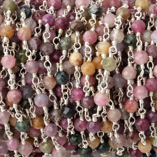 4mm Multi Color Tourmaline Micro Faceted Round on Silver Plated Chain