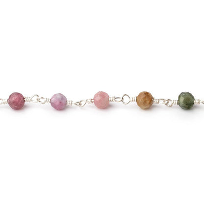 4mm Multi Color Tourmaline Micro Faceted Round on Silver Plated Chain
