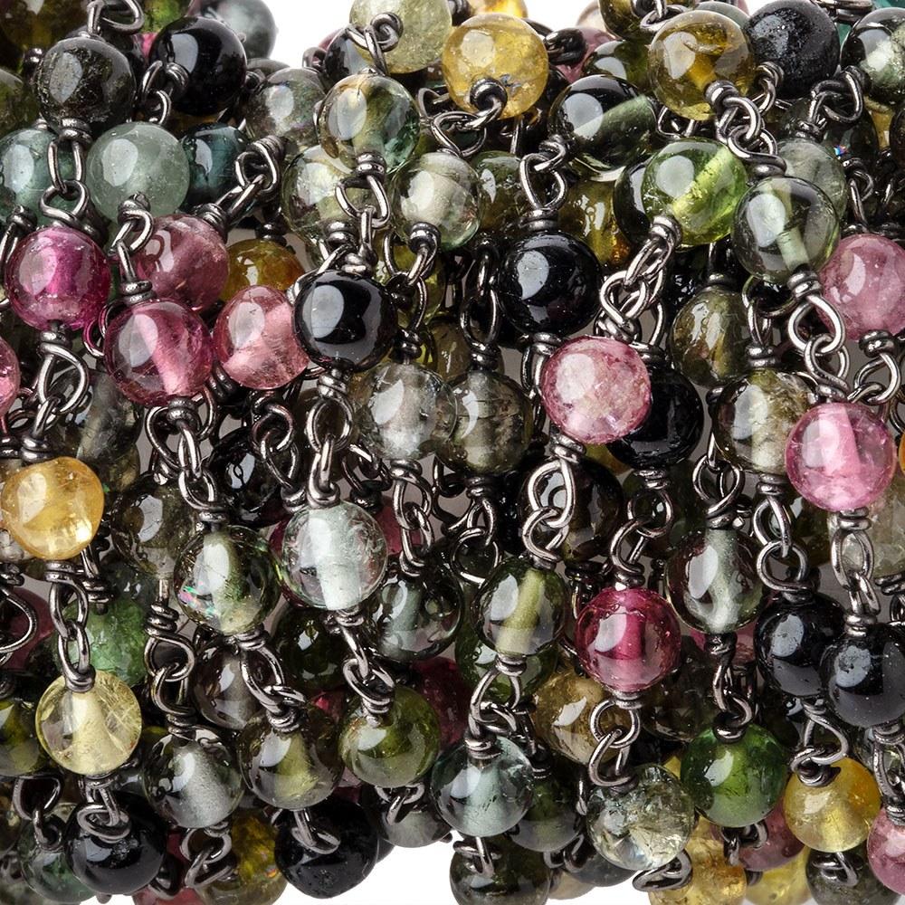 4mm Multi Color Tourmaline Plain Rounds on Black Gold Chain by the foot 35 beads