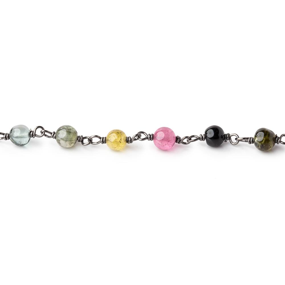 4mm Multi Color Tourmaline Plain Rounds on Black Gold Chain by the foot 35 beads