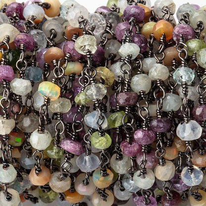 4mm Multi Gemstone Faceted Rondelles on Black Gold .925 Silver Chain