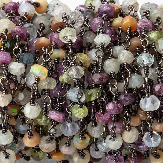 4mm Multi Gemstone Faceted Rondelles on Black Gold .925 Silver Chain