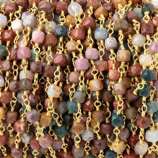 4mm Ocean Jasper Micro Faceted Cubes on Gold Plated Chain