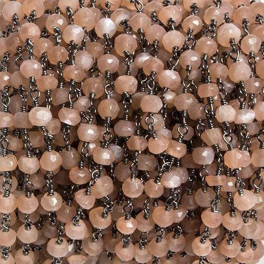 4mm Peach Moonstone faceted rondelle Black Gold Chain by the foot 34 pieces