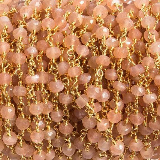 4mm Peach Moonstone faceted rondelle Gold Chain by the foot 34 pieces