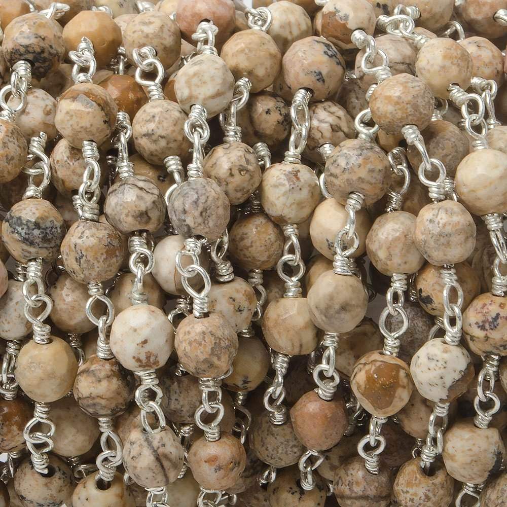 4mm Picture Jasper faceted rounds Silver Plated Wire Wrapped Chain