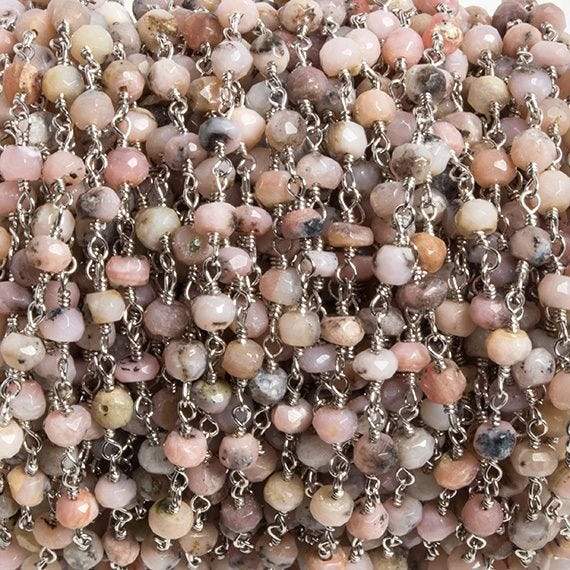 4mm Pink Peruvian Opal faceted rondelle Silver Chain by the foot 34 pieces