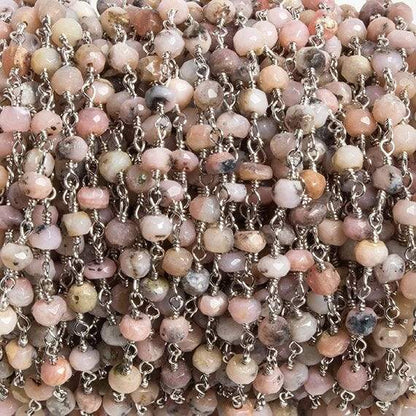 4mm Pink Peruvian Opal faceted rondelle Silver Chain by the foot 34 pieces