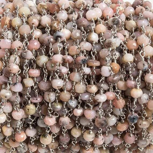 4mm Pink Peruvian Opal faceted rondelle Silver Chain by the foot 34 pieces