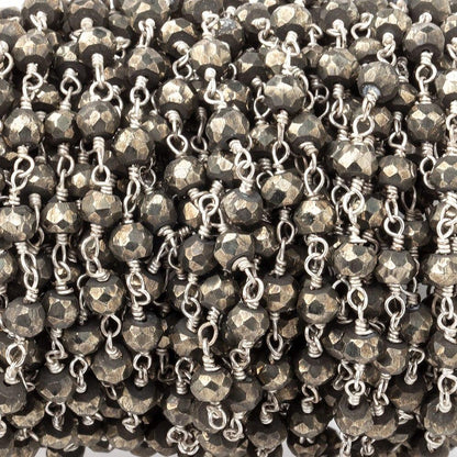 4mm Pyrite faceted rondelle .925 Silver Chain by the foot 35 pieces