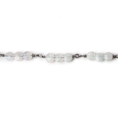 4mm Rainbow Moonstone faceted coin Trio Black Gold Chain by the foot 54 beads per length
