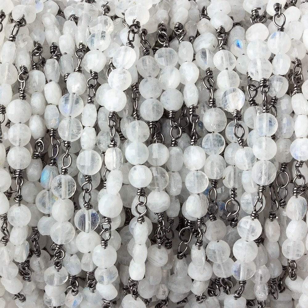 4mm Rainbow Moonstone faceted coin Trio Black Gold Chain by the foot 54 beads per length