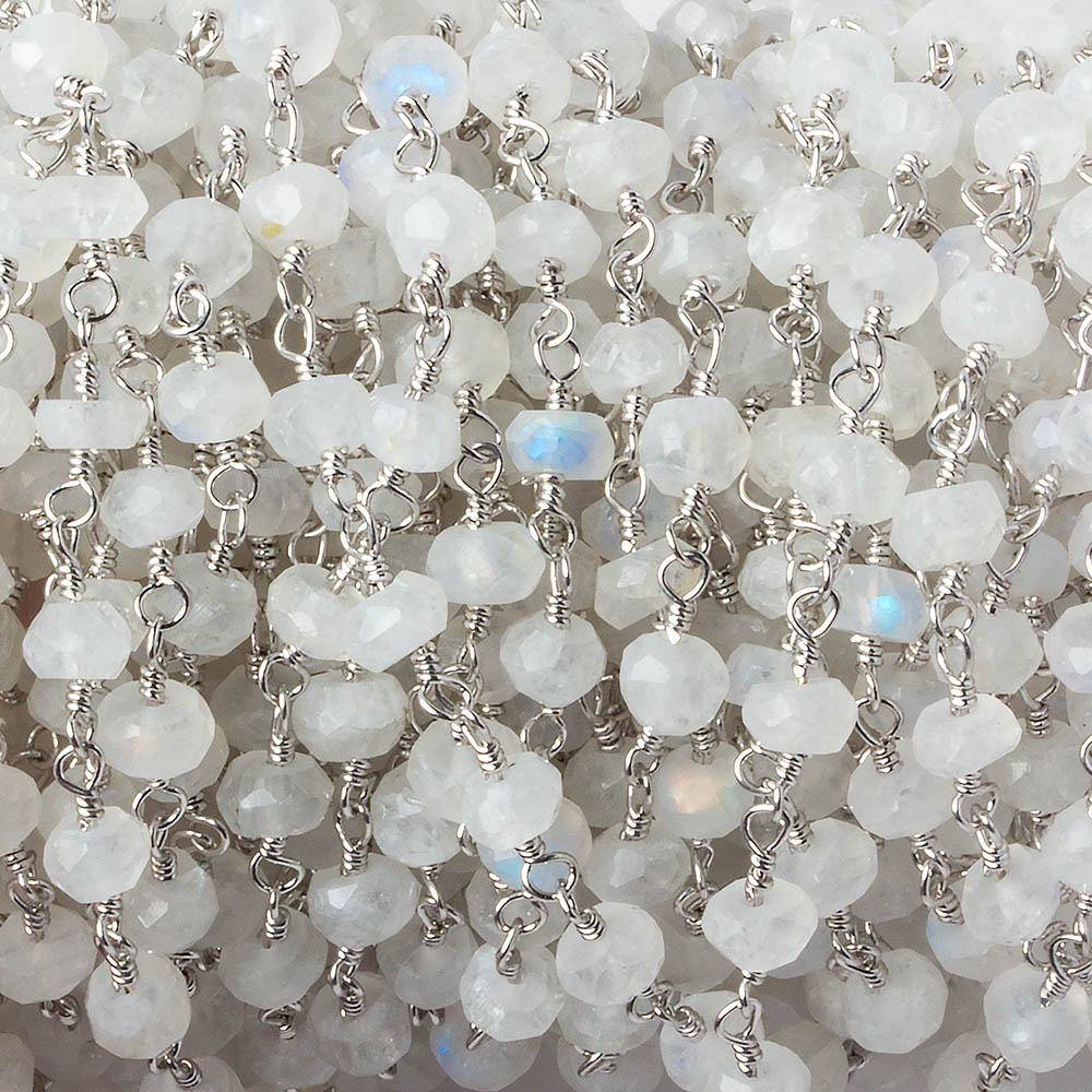 4mm Rainbow Moonstone Faceted Rondelles on Silver Plated Chain by the foot 38 pcs