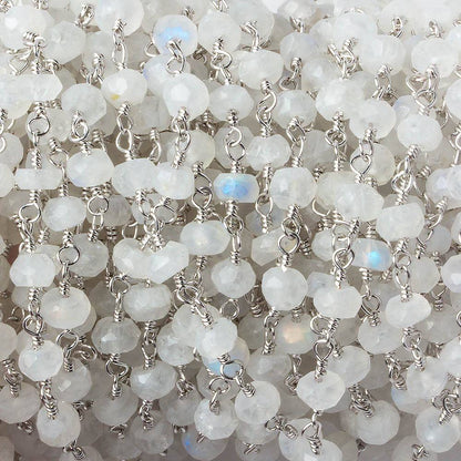 4mm Rainbow Moonstone Faceted Rondelles on Silver Plated Chain by the foot 38 pcs