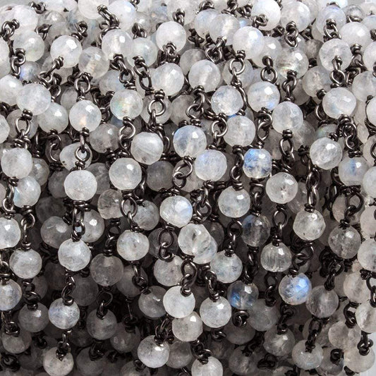 4mm Rainbow Moonstone faceted round Black Gold plated Silver Chain by the foot