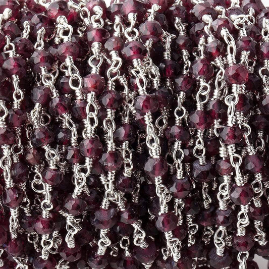 4mm Rhodolite Garnet Faceted Rondelles on Silver Plated Chain by the Foot