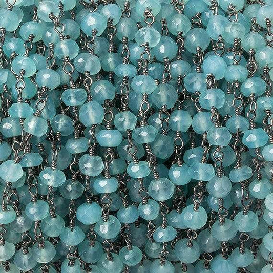 4-4.5mm Seafoam Blue Chalcedony faceted rondelle Black Gold Chain by the foot 32 beads