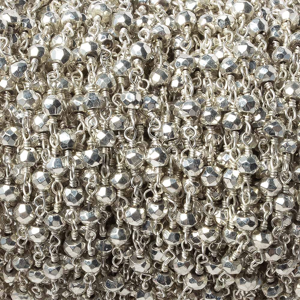 4mm Silver plated Pyrite faceted rondelle Silver Chain by the foot 38 pieces