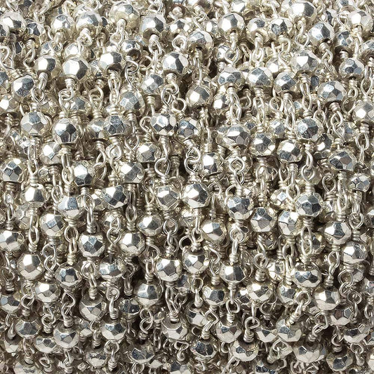 4mm Silver plated Pyrite faceted rondelle Silver Chain by the foot 38 pieces