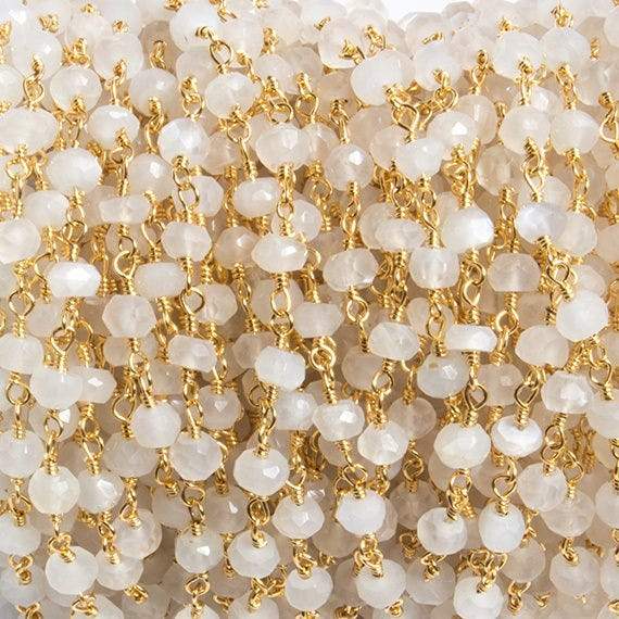 4mm White Moonstone faceted rondelle Gold Chain  34 pieces
