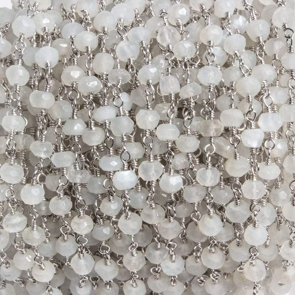 4mm White Moonstone faceted rondelle Silver Chain by the foot 34 pieces