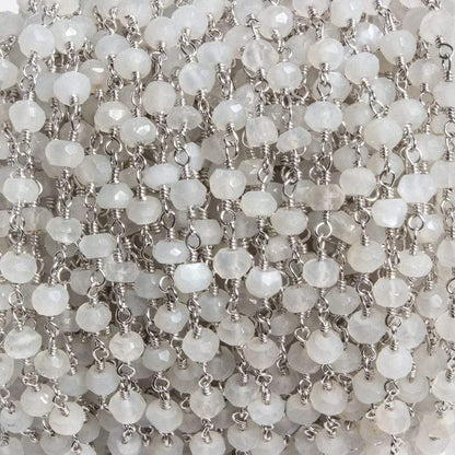 4mm White Moonstone faceted rondelle Silver Chain by the foot 34 pieces
