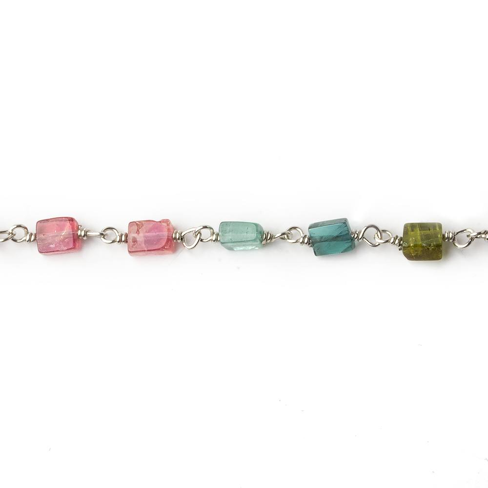 4x3-6x3mm Multi Color Tourmaline plain rectangle Silver .925 Chain by the foot 33 beads per