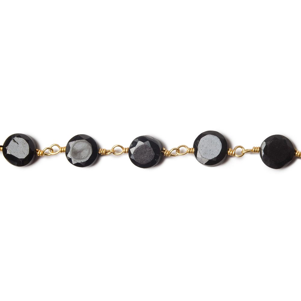 5-6mm Black Spinel bezel faceted coin Gold plated Chain by the foot 27 pcs