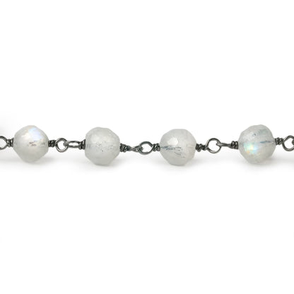 5-6mm Rainbow Moonstone faceted round Black Gold .925 Sterling Silver Chain by the foot 27 pieces
