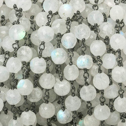5-6mm Rainbow Moonstone faceted round Black Gold .925 Sterling Silver Chain by the foot 27 pieces
