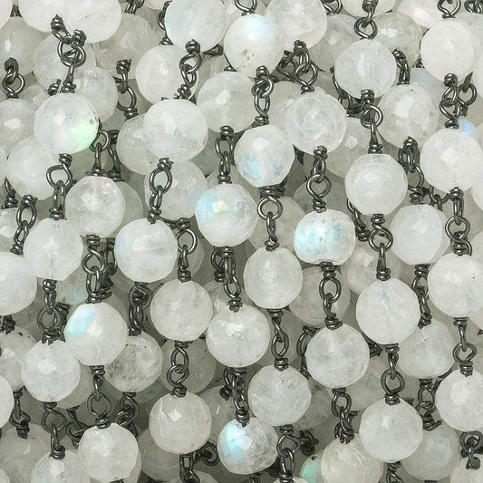5-6mm Rainbow Moonstone faceted round Black Gold .925 Sterling Silver Chain by the foot 27 pieces