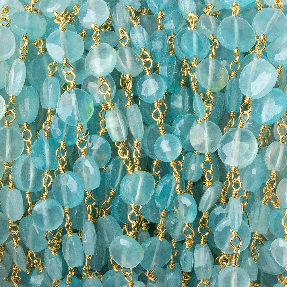 5-6mm Sea Blue Chalcedony faceted coin Gold Chain by the foot 27 beads