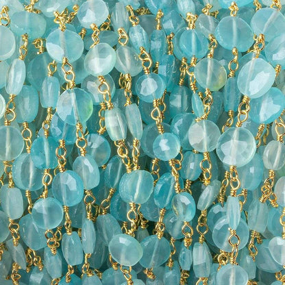 5-6mm Sea Blue Chalcedony faceted coin Gold Chain by the foot 27 beads