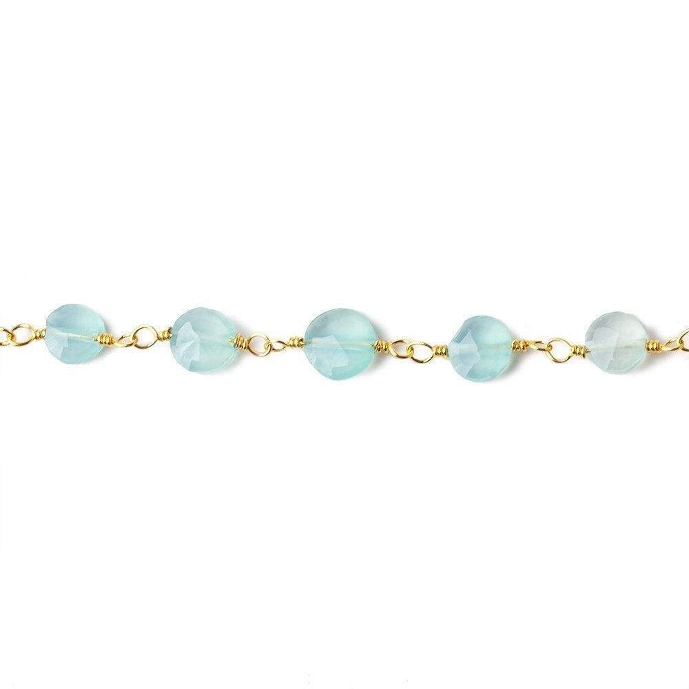 5-6mm Sea Blue Chalcedony faceted coin Gold Chain by the foot 27 beads