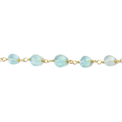 5-6mm Sea Blue Chalcedony faceted coin Gold Chain by the foot 27 beads