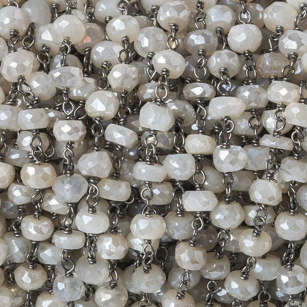 5-6mm Silver Mystic White Moonstone faceted rondelle Black Gold .925 Silver Chain by the foot 35 beads