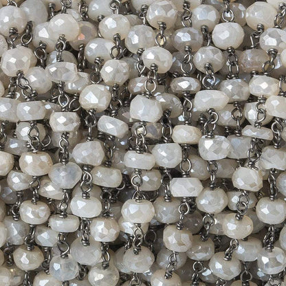5-6mm Silver Mystic White Moonstone faceted rondelle Black Gold .925 Silver Chain by the foot 35 beads