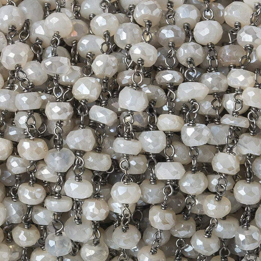 5-6mm Silver Mystic White Moonstone faceted rondelle Black Gold .925 Silver Chain by the foot 35 beads
