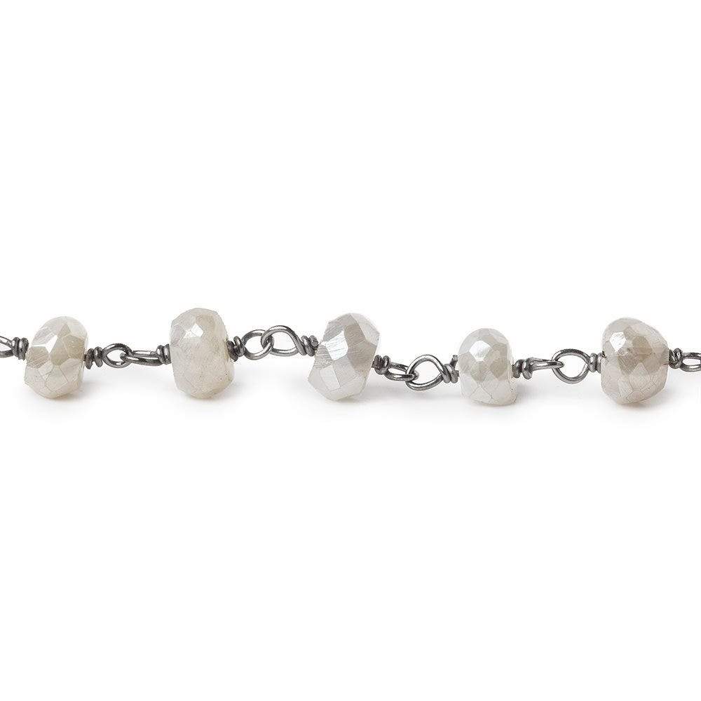 5-6mm Silver Mystic White Moonstone faceted rondelle Black Gold .925 Silver Chain by the foot 35 beads