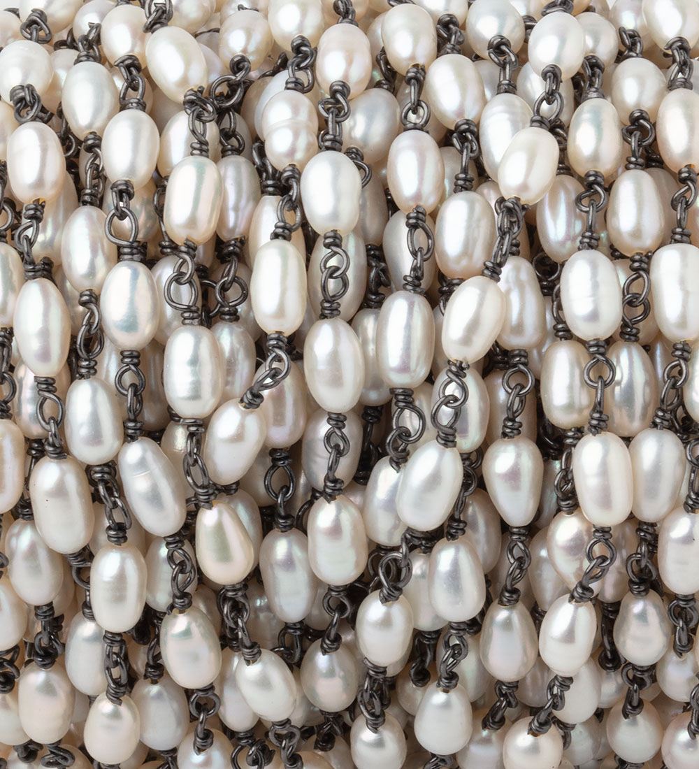 5-6mm White Oval Freshwater Pearls on Black Gold .925 Chain
